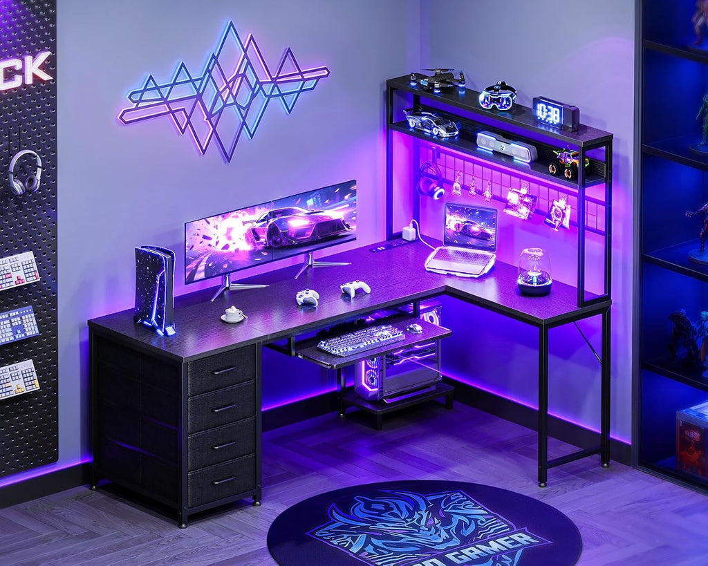 AODK 59 Inch L Shaped Desk with 4 Drawers, Gaming Desk with Led Lights & Power Outlets, Computer Desk with Pegboard & Keyboard Tray, Reverisble Home Office Desk with Storage Shelves & CPU Stand, Black