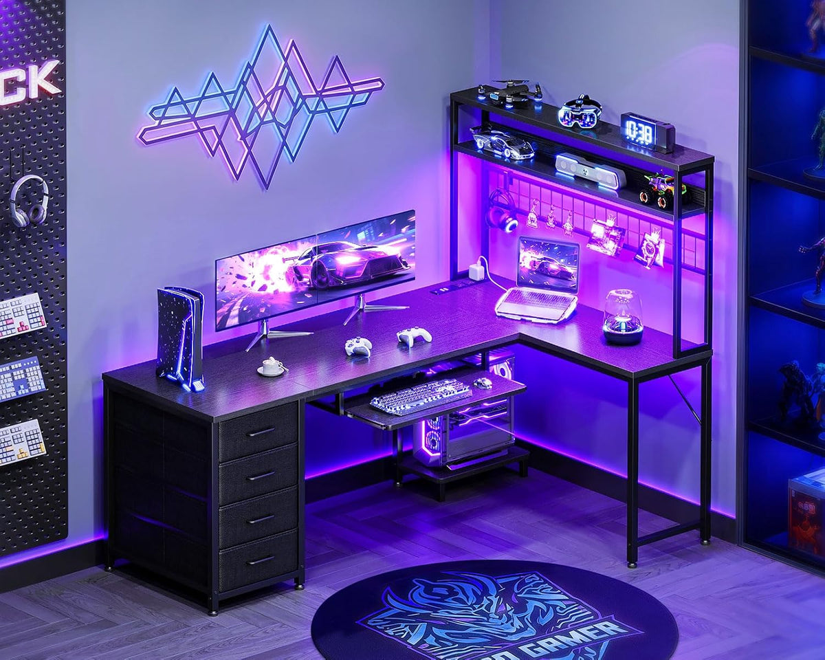 AODK 59 Inch L Shaped Desk with 4 Drawers, Gaming Desk with Led Lights & Power Outlets, Computer Desk with Pegboard & Keyboard Tray, Reverisble Home Office Desk with Storage Shelves & CPU Stand, Black