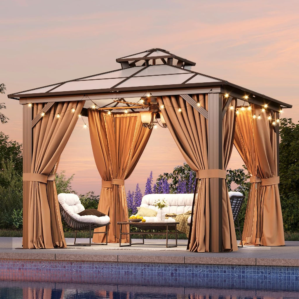 Aoxun 10'x10' Hardtop Gazebo, Outdoor Metal Gazebo with Double Polycarbonate Roof Canopy, Permanent Pavilion with Netting and Curtains for Lawn, Garden, Patio (Khaki)