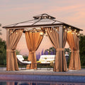 Aoxun 10'x10' Hardtop Gazebo, Outdoor Metal Gazebo with Double Polycarbonate Roof Canopy, Permanent Pavilion with Netting and Curtains for Lawn, Garden, Patio (Khaki)