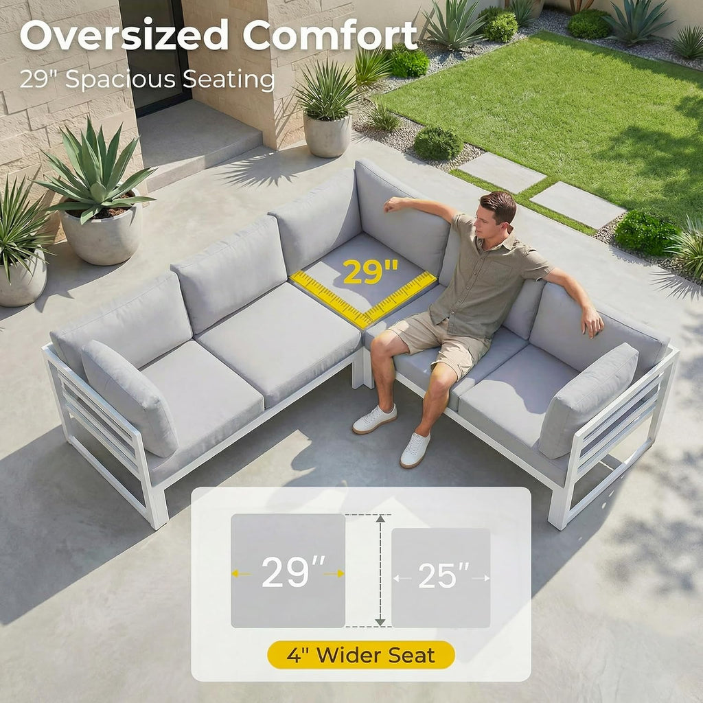 RADIATA 9 Piece Luxury Aluminum Outdoor Sectional Sofa with Fire Pit Table, Extra Large L Shaped Patio Furniture Set, 29 inch Deep Wide Seating, Comfortable Durable Conversation Set for 500 lbs, White