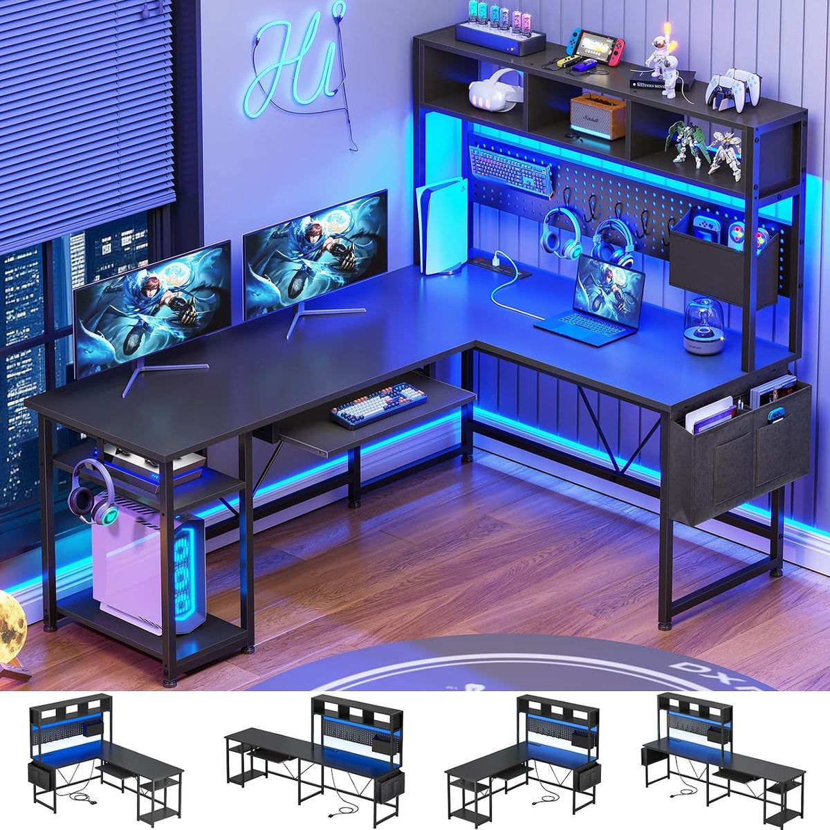 SEDETA L Shaped Gaming Desk with Hutch, 57.5' Reversible Corner Computer Desk with Storage Shelves, Gaming Desk with Pegboard, LED Lights, Power Outlet, Keyboard Tray and Storage Bag, Black