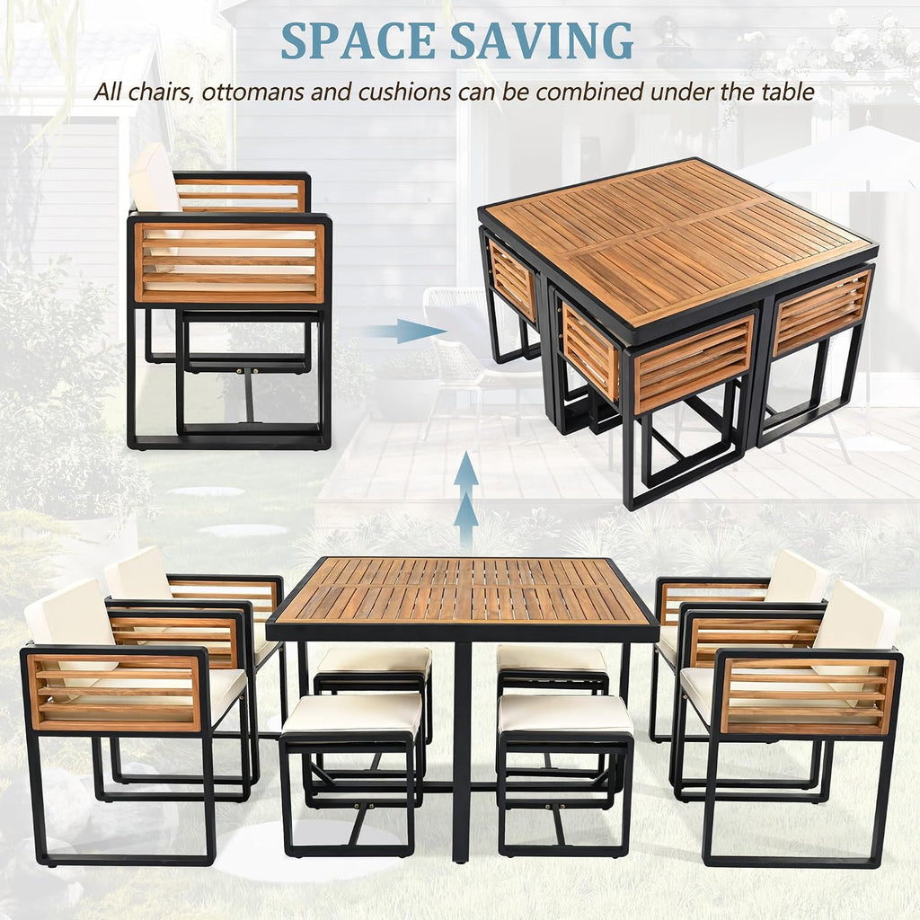 Merax 18 Pieces Outdoor Dining Set for 16 People, Acacia Wood Patio Furniture Sets with 2 Square Tables, 8 Cushioned Chairs and 8 Ottomans for Backyard, Garden, Lawn, Poolside, Beige