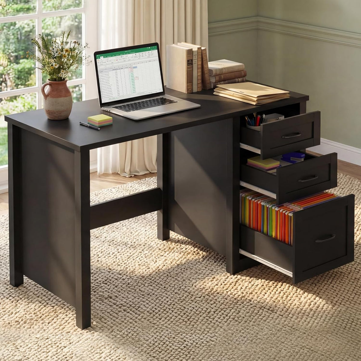 Vabches Farmhouse 47' Executive Desk with File Drawer, Mutual Installation Rustic Computer Desk with 2 Storage Drawers,Office Home Workstation for Work Study Writing, Black