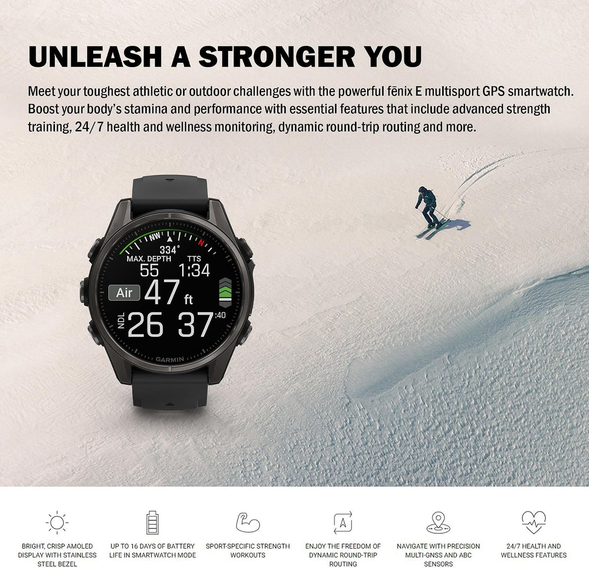Garmin Fenix E 47MM AMOLED Premium Multisport GPS Smartwatch, 16 Days Long-Lasting Battery Life, Stainless Steel with Black Silicone Band, Fitness & Health Smart Watch Bundle for Men and Women