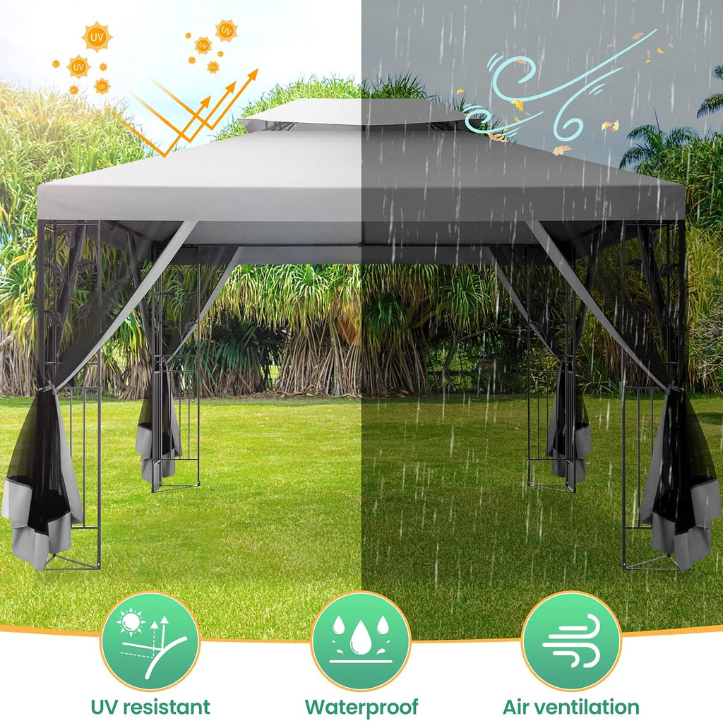 COBIZI Gazebo 10x13 Heavy Duty Gazebo with Improved Nettings Outdoor Double Roof Patio with Metal Steel Frame Outdoor Canopy Tent for Patio, Deck, Backyard (Gray, Nettings)