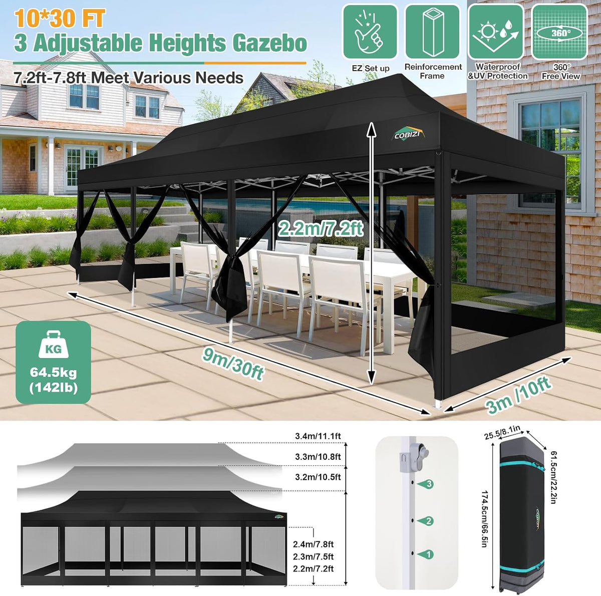 COBIZI 10x30 Canopy Tent, Heavy Duty Pop up Canopy with Sidewalls, Waterproof Easy Setup Canopy with Mosquito Netting, Outdoor Instant Screen Tents for Parties, Wedding with Roller Bag, Black