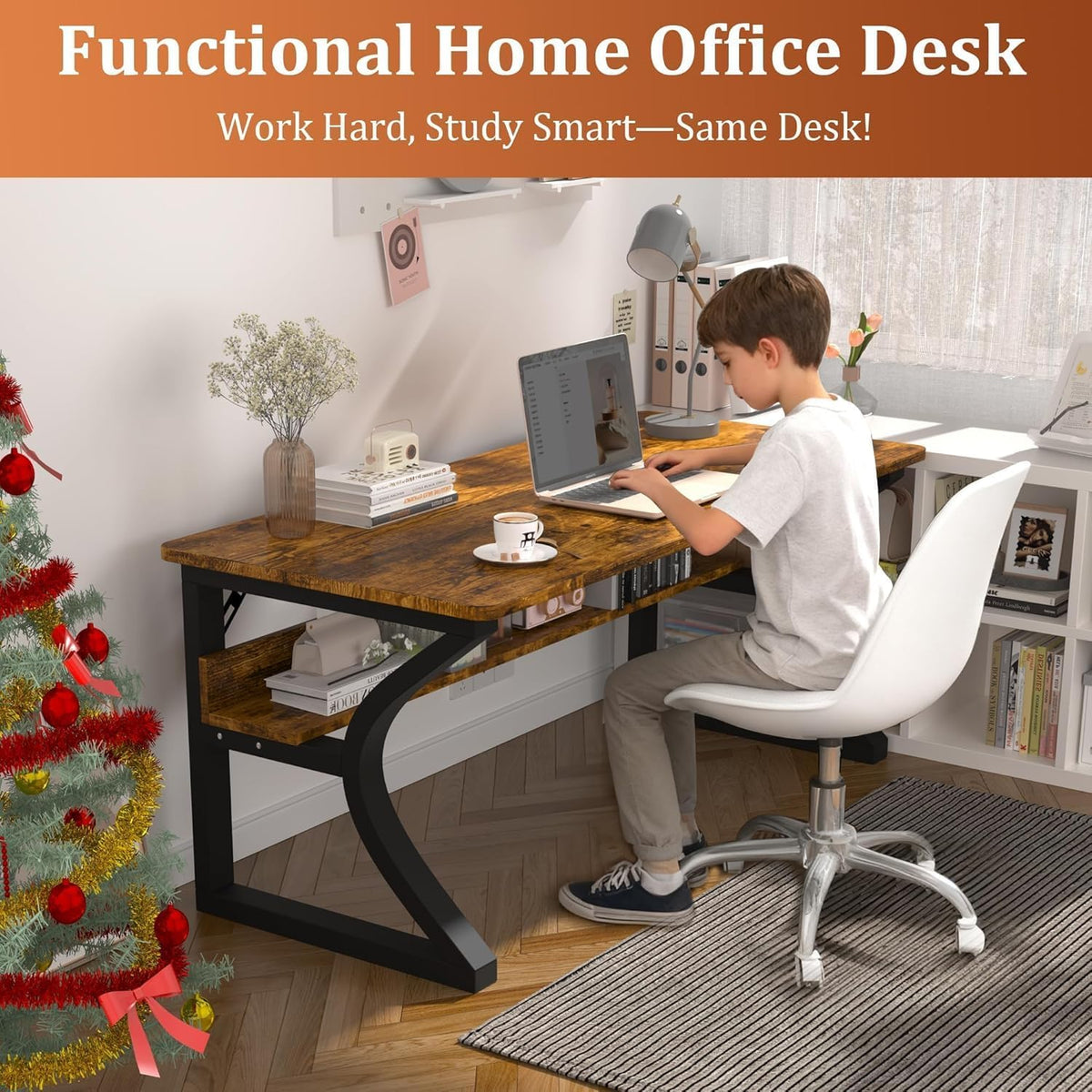 47 inch Computer Desk, Home Office Desk with Storage Shelf, Sturdy U-Shaped Metal Frame Study Table with Cable Management, Gaming Desk for Office & Bedroom, Rustic Brown