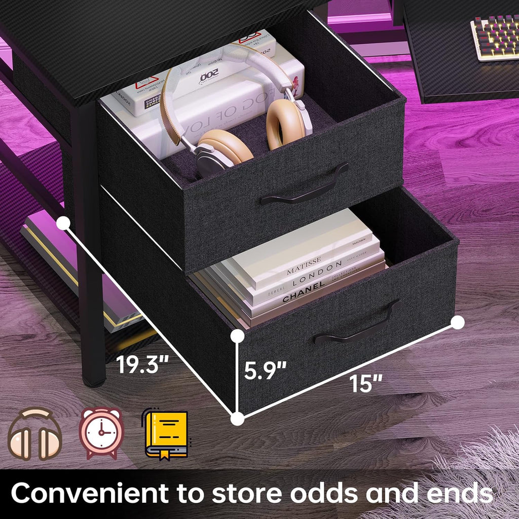 SEDETA 79' Gaming Desk, Computer Desk with 2 Fabric Drawers & LED Light, L Shaped Gaming Desk with Storage Shelf for Home Office, Carbon Fiber Black