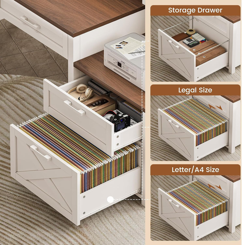 SEDETA Farmhouse Home Office Desk with File Drawer & Power Outlet, Computer Desk with 4 Drawer, Storage Shelves, Printer Cabinet and Monitor Shelf, Gaming Desk with Led Lights, White Brown