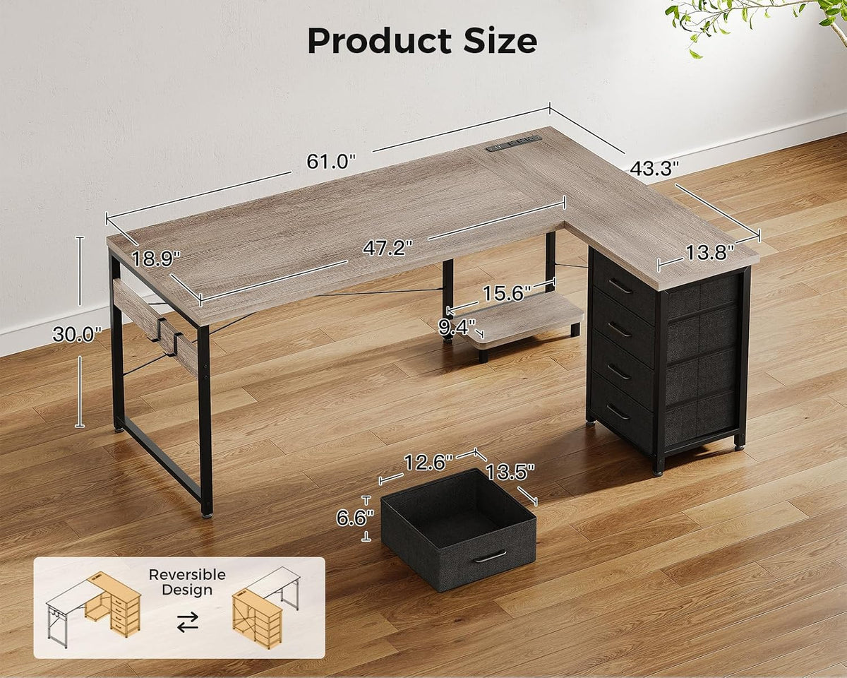 AODK L Shaped Gaming Desk with 4 Drawers, 61' Reversible Home Office Desks with Power Outlets, L Shaped Computer Desk with USB Charging Port and Host Stand, Corner Desk, Easy to Assemble, Grey