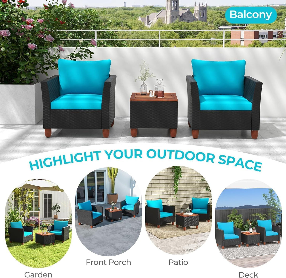 LDAILY Patio 3 Pieces Patio Furniture Set, PE Rattan Outdoor Wicker Sofa Chair with Washable Cushion & Wood Storage Table, Patio Conversation Set for Porch, Yard, Garden (Turquoise)