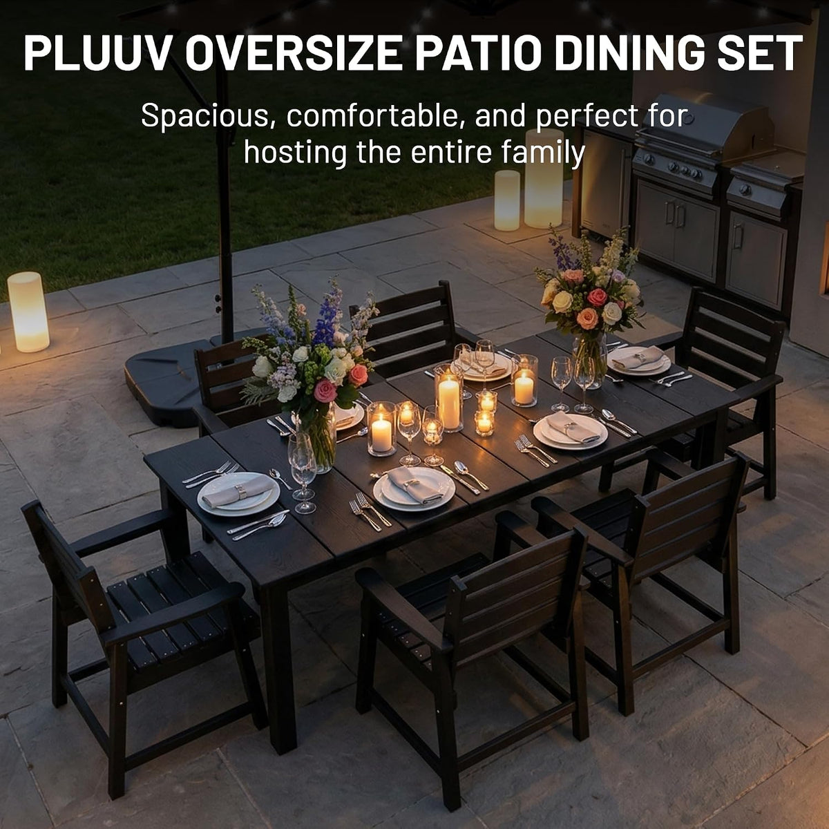 PLUUV Patio Dining Chairs Set of 2, HDPE Patio Armchairs with Wide Armrests & Ergonomic Design, All-Weather Weatherproof Outdoor Patio Chairs for Backyard, Poolside, Black