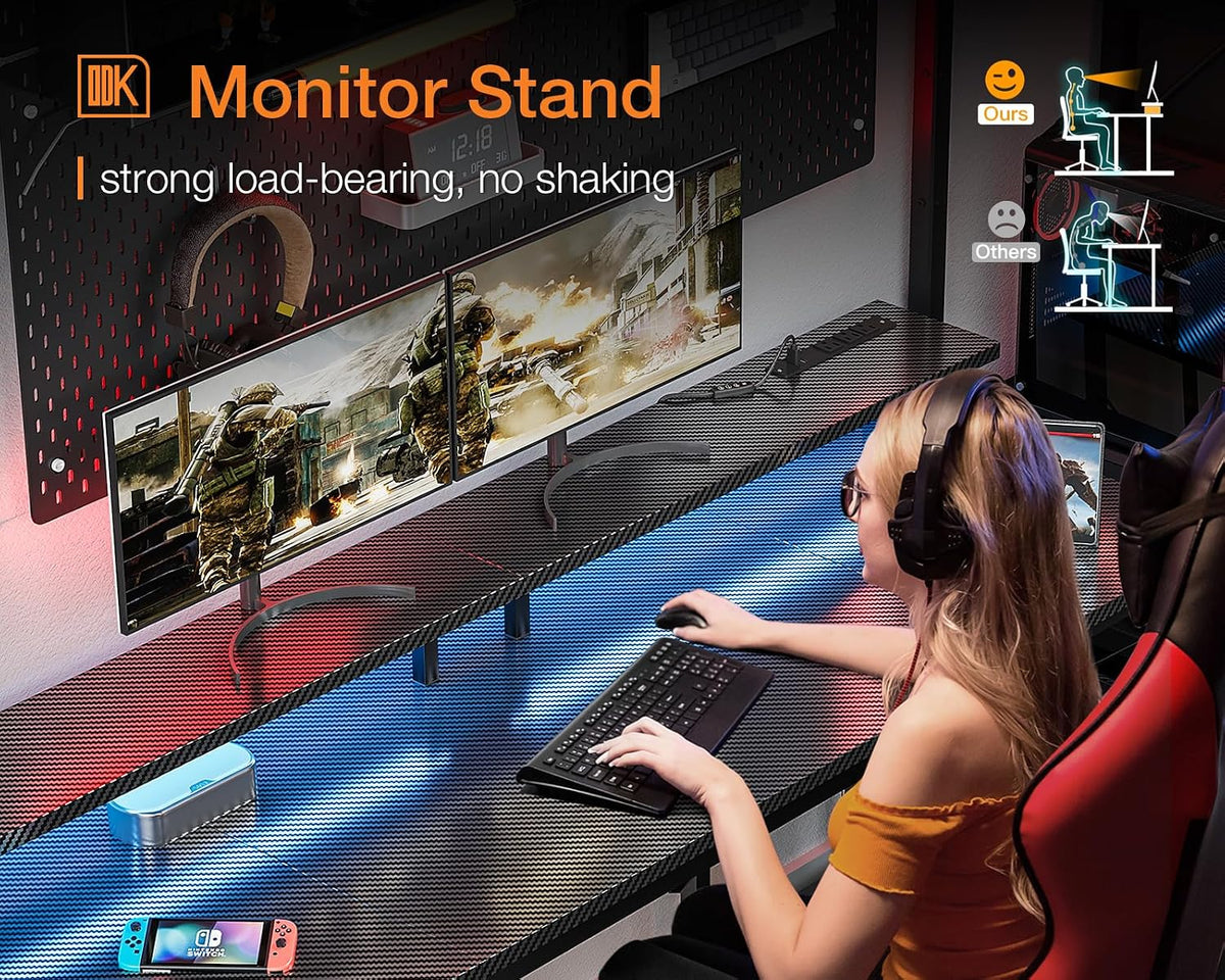 ODK 63 inch Computer Desk with Power Outlets & LED Lights, Gaming Desk with Monitor Stand & Storage Sheves, Home Office Desk, Carbon Fiber Black