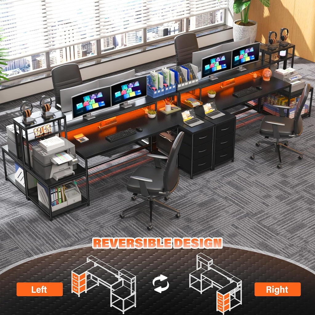 71' L Shaped Gaming Desk with 3 Drawers & Hutch,Computer Desk with Monitor Stand & Power Outlet,Home Office Desk Reversible Black Desk with LED Light,Printer Shelf for Home Office,Black Carbon Fiber