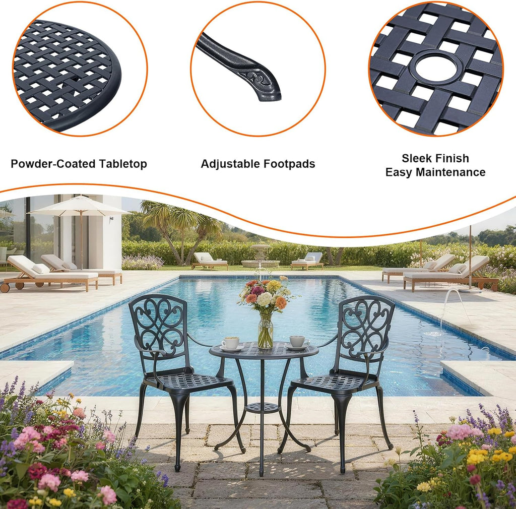 3 Piece Patio Bistro Set with Cushions, Outdoor Bistro Table and Chairs Set of 2 with Umbrella Holes, All Weather Bistro Table Set for Garden Porch Pools (Black 4)