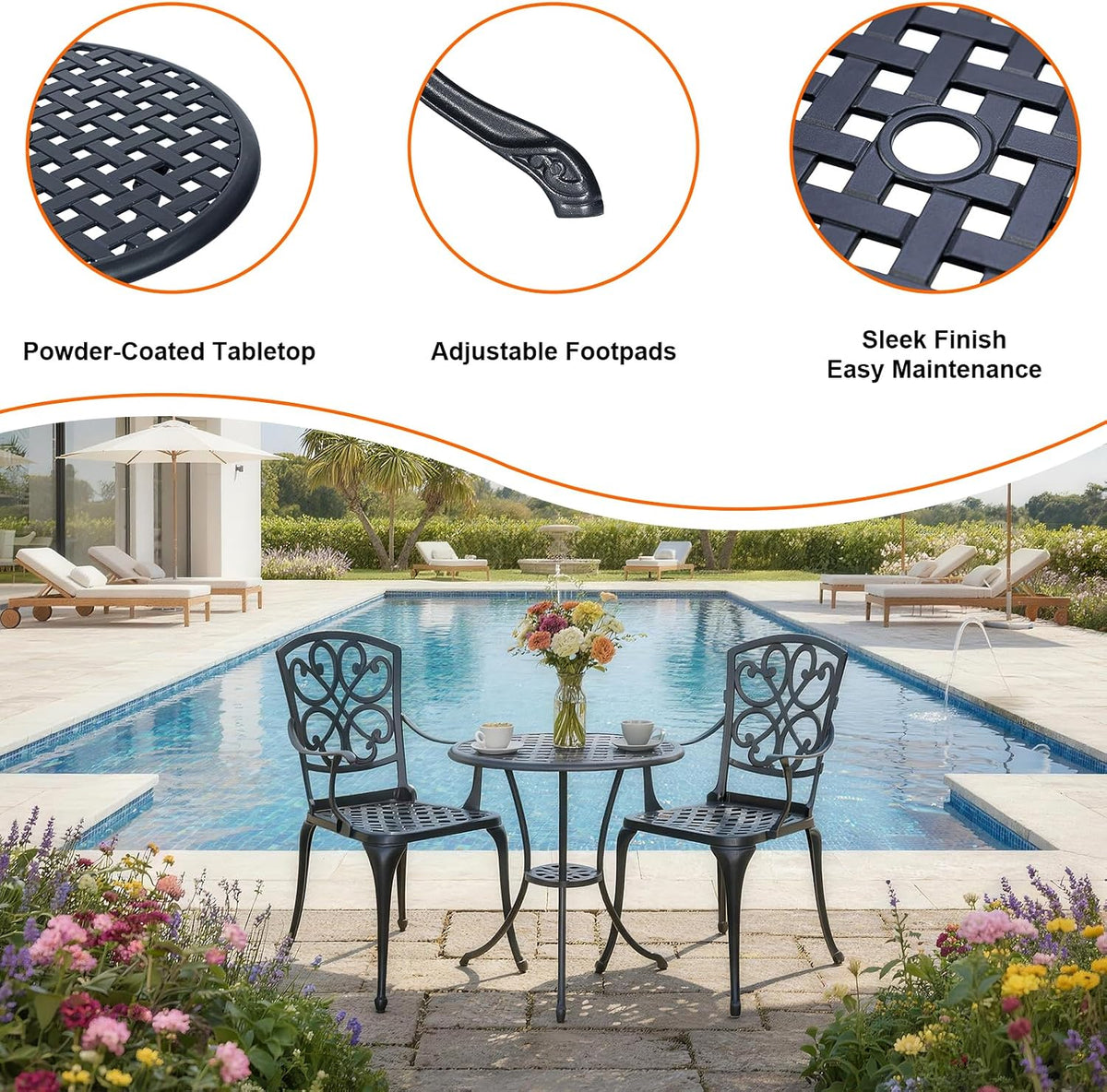 3 Piece Patio Bistro Set with Cushions, Outdoor Bistro Table and Chairs Set of 2 with Umbrella Holes, All Weather Bistro Table Set for Garden Porch Pools (Black 4)