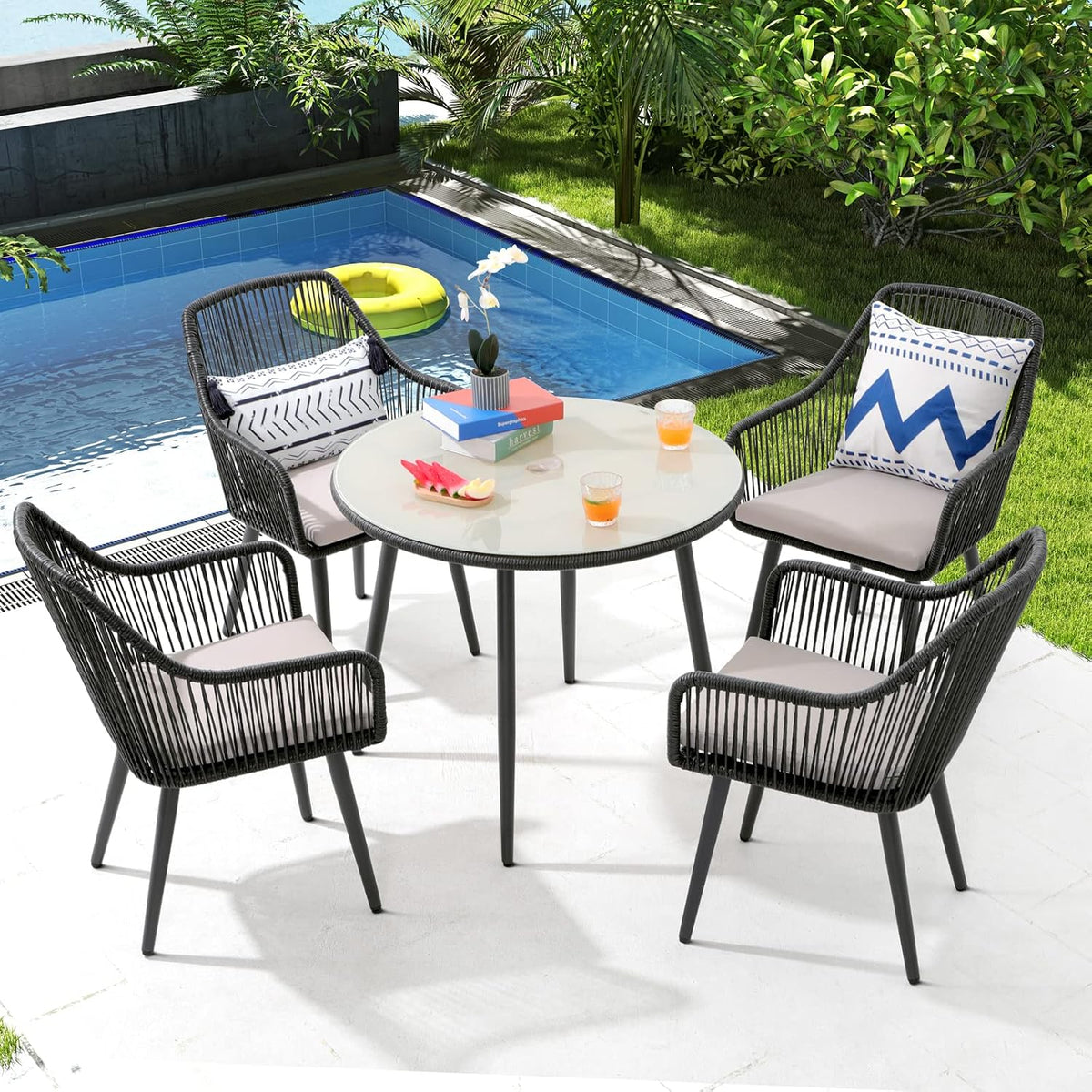 Patiorama 5-Piece Patio Dining Set, Outdoor Dining Table Chair Set, All-Weather Twisted Rattan Wicker Rope Conversation Set, Patio Furniture Set w/Umbrella Hole, 4 Cushioned Chairs&Glass Table(Black)