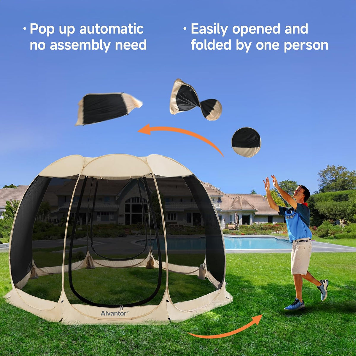 Alvantor® Screen House Room Camping Tent Outdoor Canopy Pop Up Sun Shade Shelter 8 Mesh Walls Not Waterproof Beige 12'x12' Patent Pending