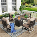 MFSTUDIO 5 Pieces Patio Conversation Sets, Outdoor Metal Furniture Sofas with 1 x 28 50,000 BTU Square Propane Fire Table and 4 x Wrought Iron Frame Rocking Chairs with Beige Cushion