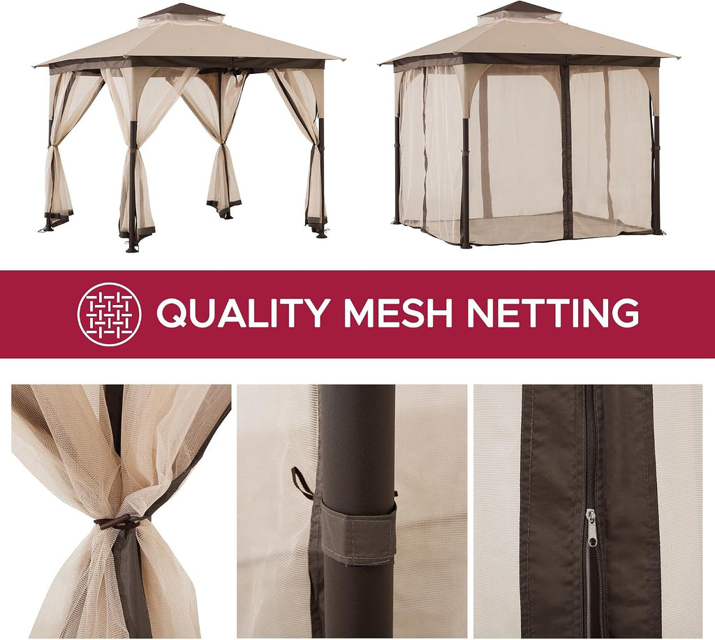 Sunjoy 9 ft. x 9 ft. Gazebo with 2-Tier Canopy Roof, Steel Frame Soft top Gazebo with Ceiling Hook and Mosquito Netting, Tan and Brown