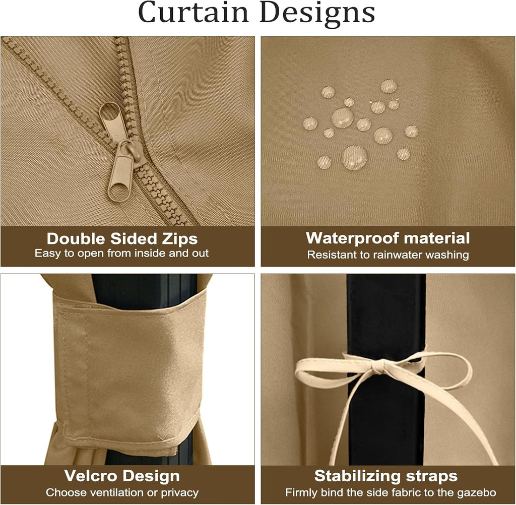 12'x12' Gazebo Curtains Outdoor Waterproof, 4-Panels Sidewalls with Zipper, Universal Replacement for Patio Privacy Screen(Only Curtains)
