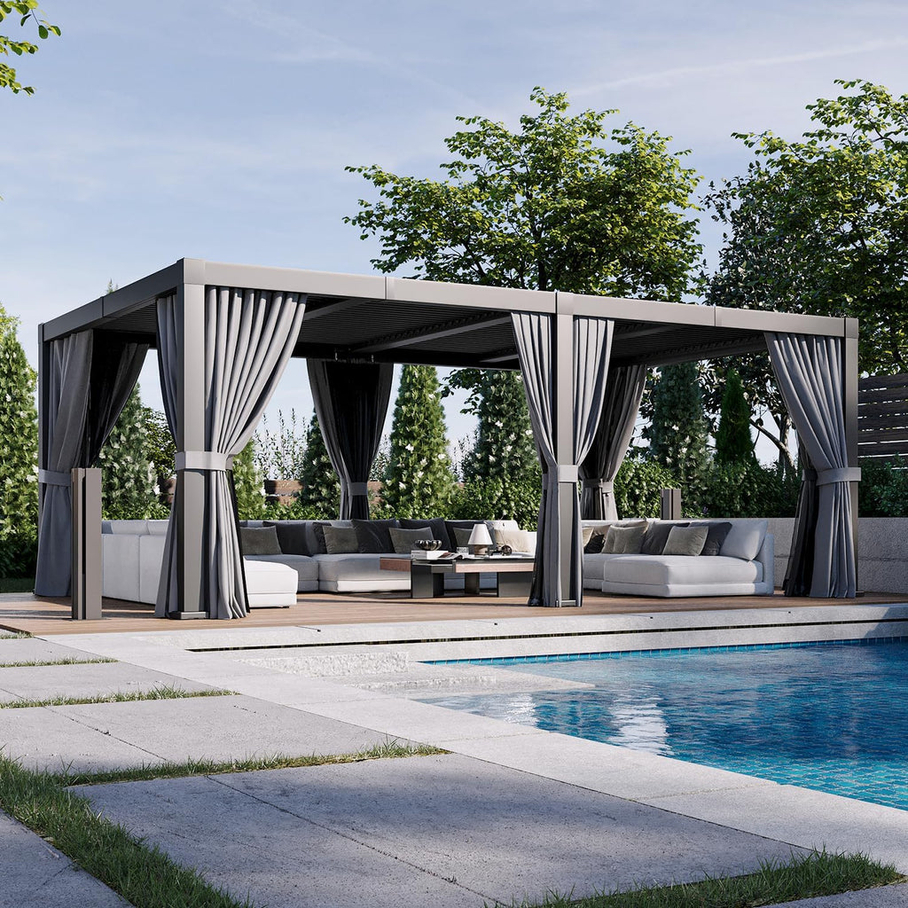 Aoxun Louvered Pergola 12' x 20' Outdoor Aluminum Pergola Adjustable Roof, with Waterproof Curtains and Nets, for Decks, Gardens, Gray