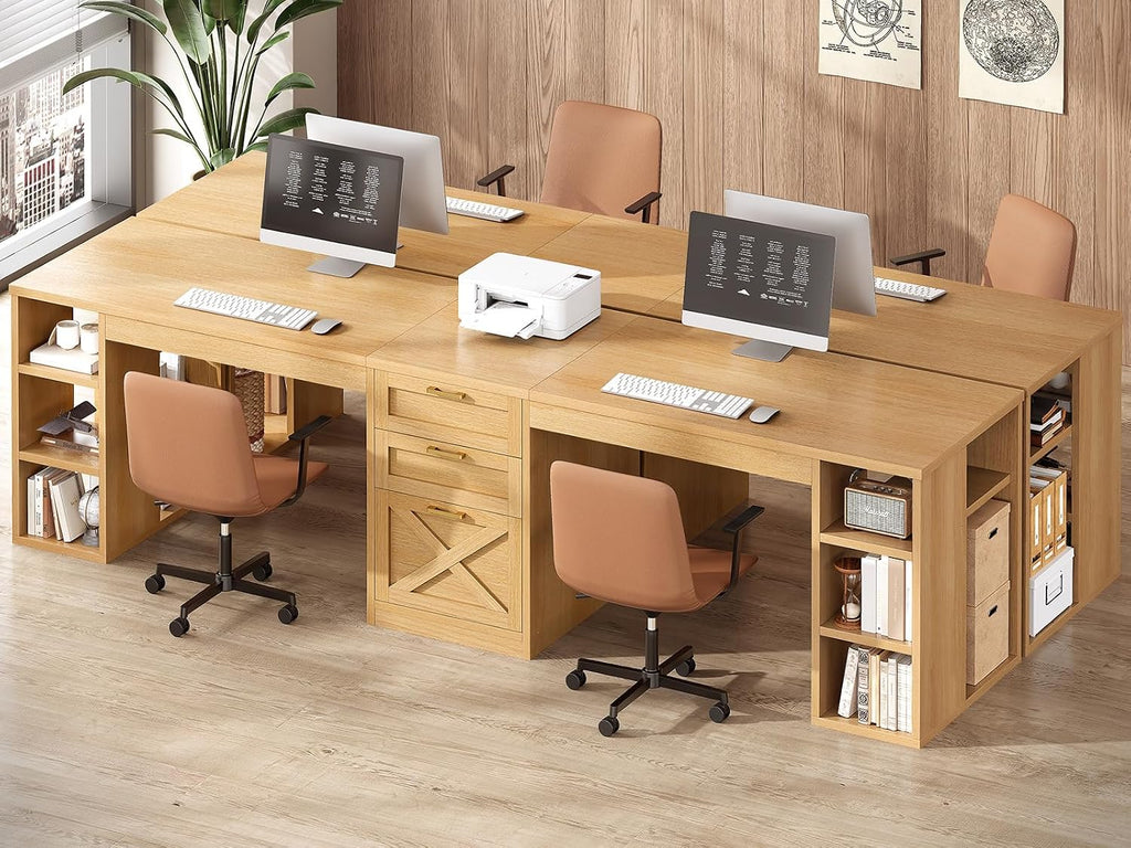 SEDETA Farmhouse 96.5' Computer Desk with Drawers, 2 Person Home Office Desk, Gaming Double Desk with Storage Shelves, Long Two Person Writing Desk, Oak