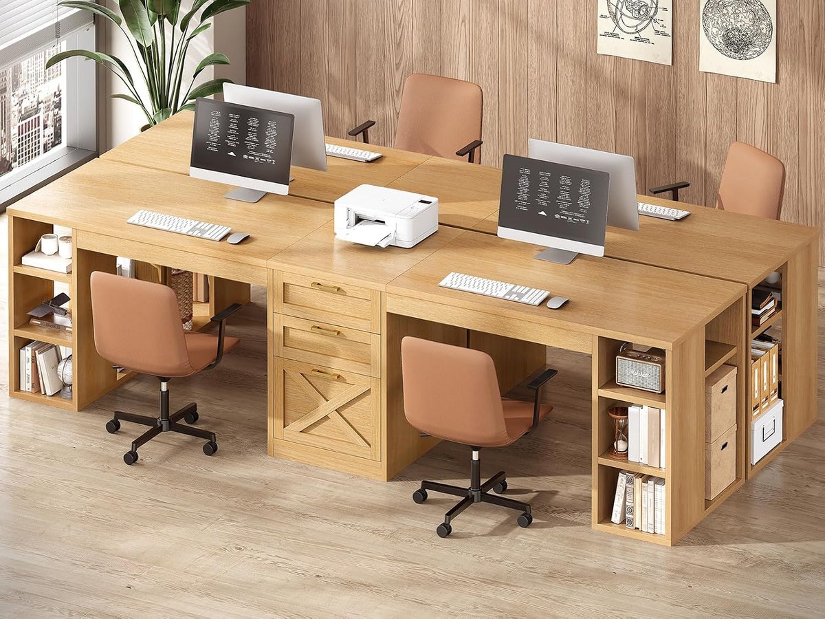 SEDETA Farmhouse 96.5' Computer Desk with Drawers, 2 Person Home Office Desk, Gaming Double Desk with Storage Shelves, Long Two Person Writing Desk, Oak