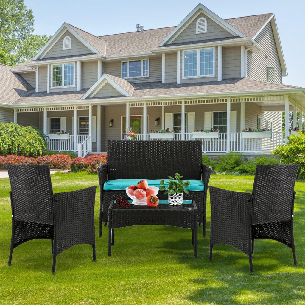 4 Pieces Wicker Patio Furniture Set Conversation Chairs with Table, Outdoor Rattan Patio Set for Balcony Backyard Front Porch Deco with Cushion Seat, Blue
