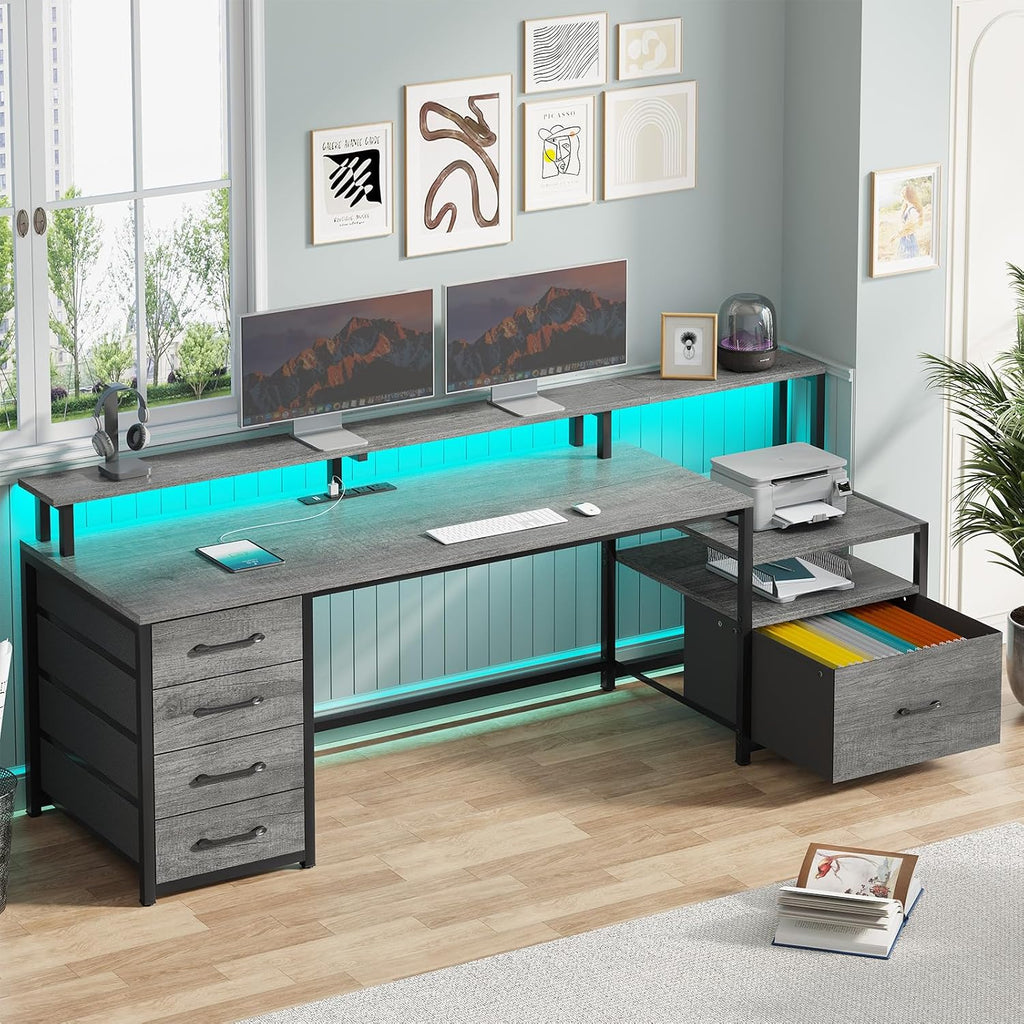 SEDETA Home Office Desk with File Drawer & Power Outlet, 66'' Computer Desk with 5 Drawer, Storage Shelves, Printer Cabinet and Monitor Shelf, Gaming Desk with Led Lights, Grey