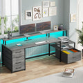 SEDETA Home Office Desk with File Drawer & Power Outlet, 66'' Computer Desk with 5 Drawer, Storage Shelves, Printer Cabinet and Monitor Shelf, Gaming Desk with Led Lights, Grey