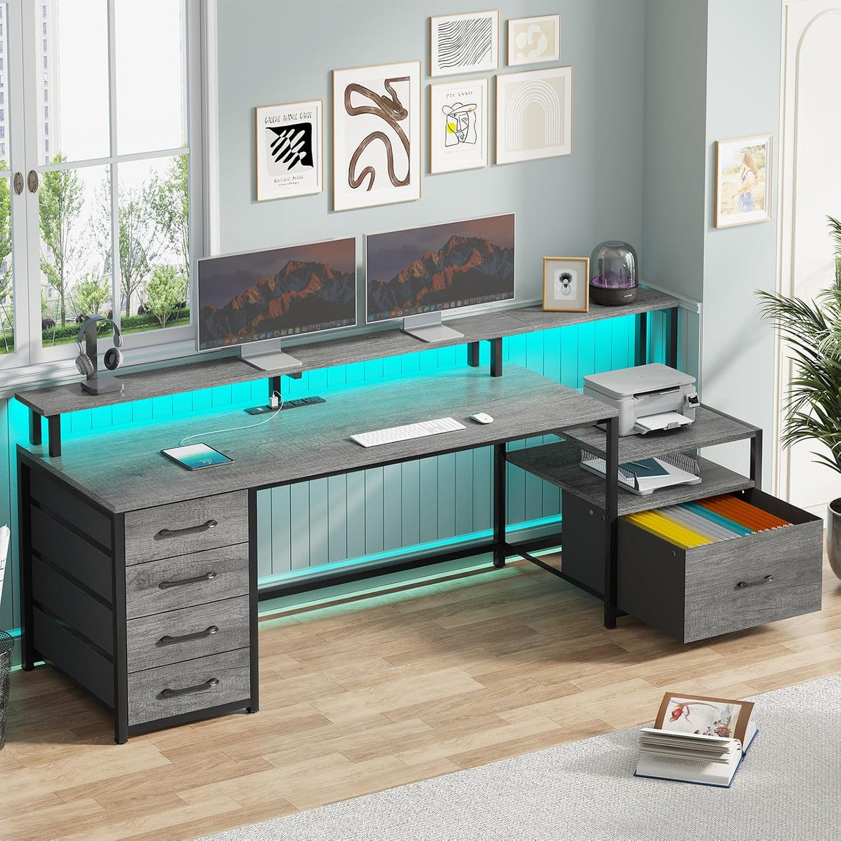 SEDETA Home Office Desk with File Drawer & Power Outlet, 66'' Computer Desk with 5 Drawer, Storage Shelves, Printer Cabinet and Monitor Shelf, Gaming Desk with Led Lights, Grey