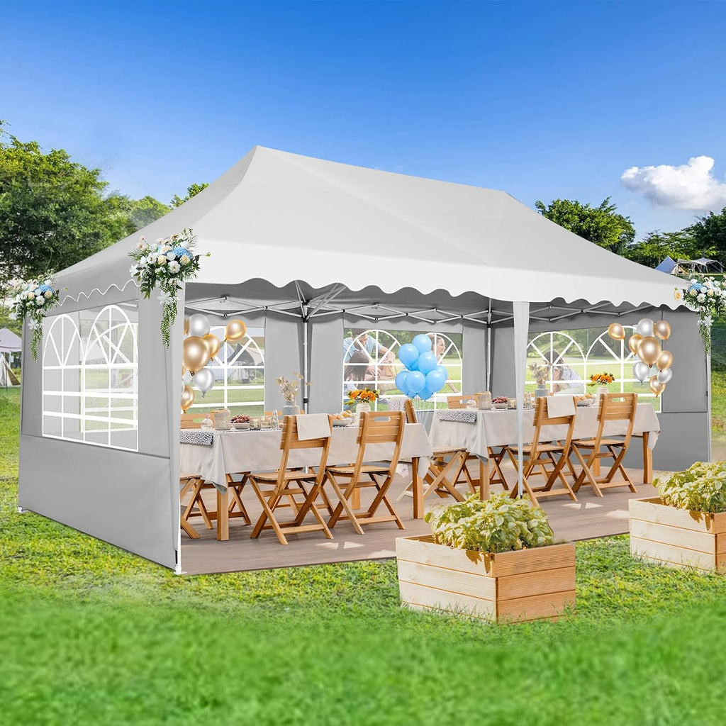 HOTEEL Folding Gazebo 3 x 6 Gazebo Waterproof Stable Party Tent Foldable Folding Tent with 6 Side Walls & Roll Bag & 4 Sand Bags, Easy Assembly for Weddings, Commerce, Parties, UV50+ Protection, White