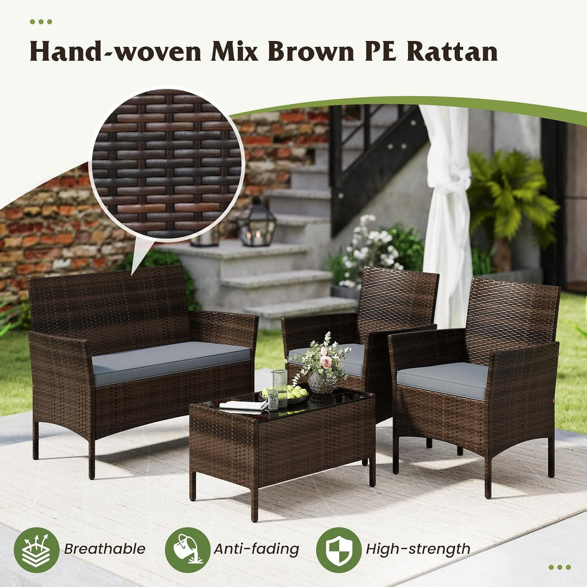 ORALNER 4 Pieces Patio Furniture Set, Rattan Chairs Loveseat with Soft Cushion Glass Table, Outdoor Wicker Conversation Set for Balcony Garden Backyard Porch Poolside (Gray)