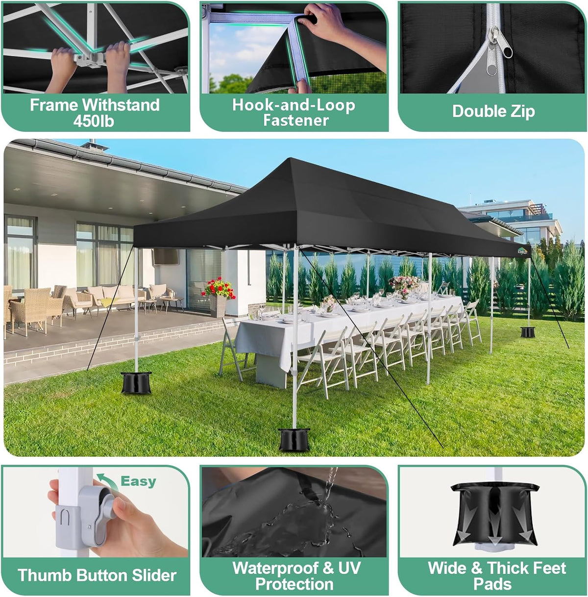 COBIZI 10x30 Canopy Tent, Heavy Duty Pop up Canopy with Sidewalls, Waterproof Easy Setup Canopy with Mosquito Netting, Outdoor Instant Screen Tents for Parties, Wedding with Roller Bag, Black