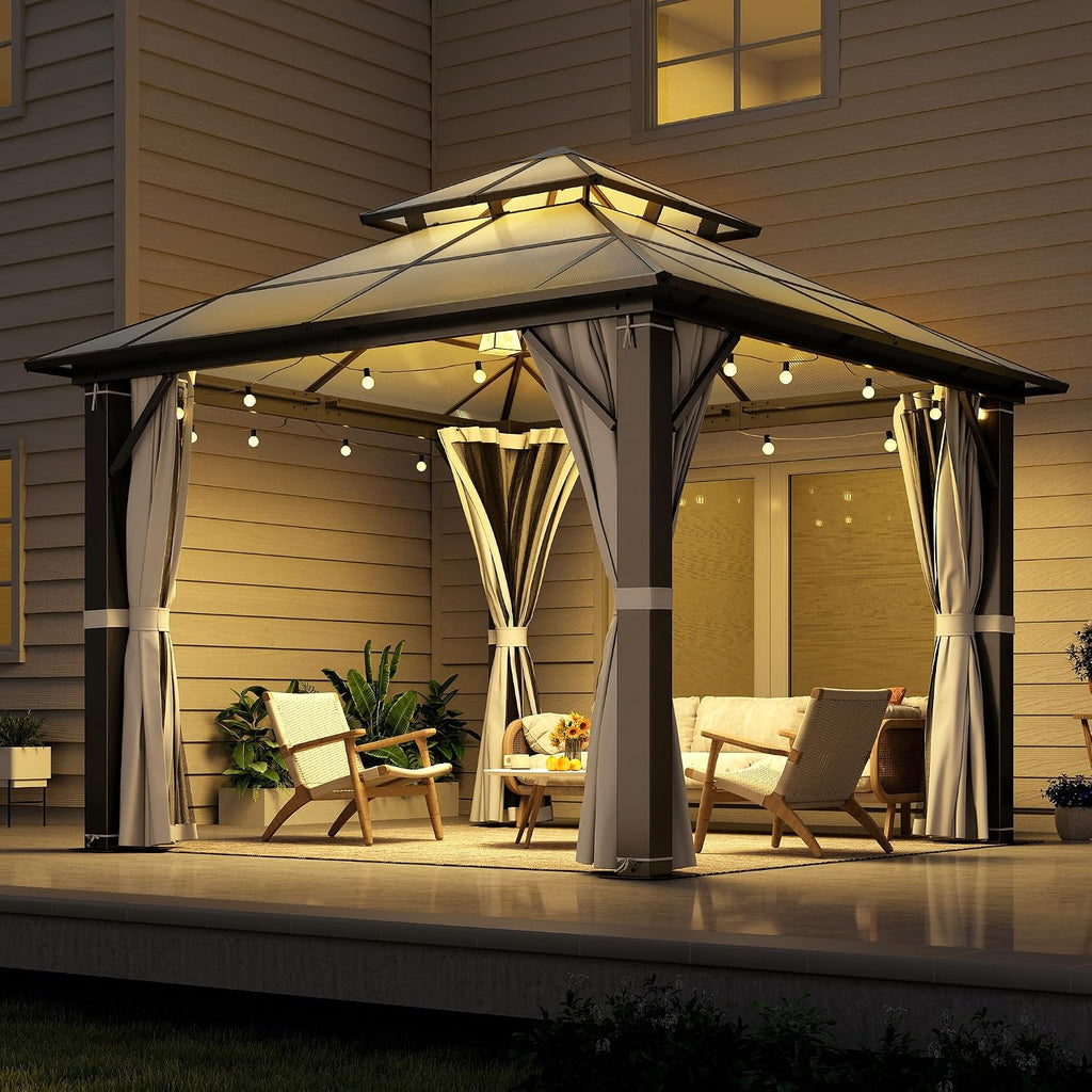 Hardtop Gazebo 10' x 10', Patio Gazebos with Polycarbonate Roof & Steel Frame, Outdoor Pavilion with Gray Curtain&Netting for Backyard/Lawn/Garden/Deck
