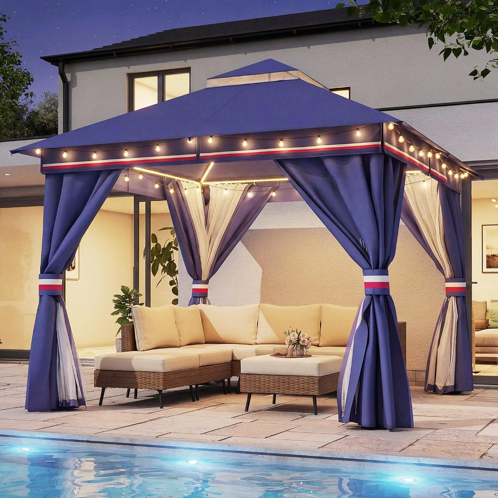LAUSAINT HOME 10'x10' Outdoor Gazebo with 50FT String Lights, Metal Heavy Duty Patio Canopy Tent with Double Roofs, Mosquito Nettings and Privacy Screens for Backyard, Garden, Lawn, Classic Blue