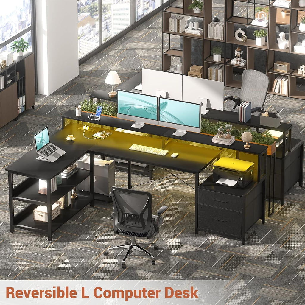 Aheaplus L Shaped Desk with File Drawer, 72.8' Reversible L Shaped Computer Desk with Power Outlet & LED Strip, Gaming Desks with Long Monitor Stand, Corner Office Desks with Storage Shelf, Black