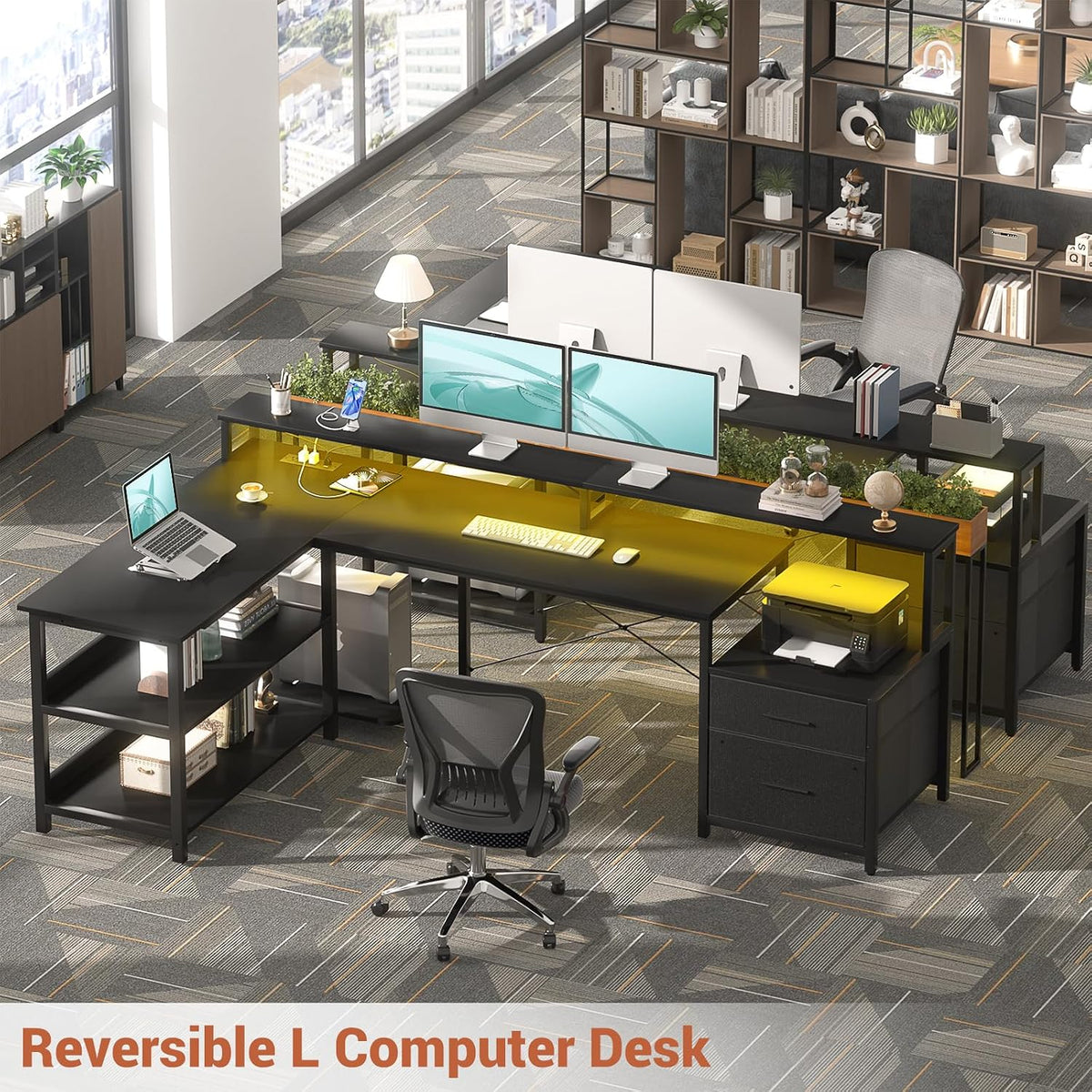Aheaplus L Shaped Desk with File Drawer, 72.8' Reversible L Shaped Computer Desk with Power Outlet & LED Strip, Gaming Desks with Long Monitor Stand, Corner Office Desks with Storage Shelf, Black