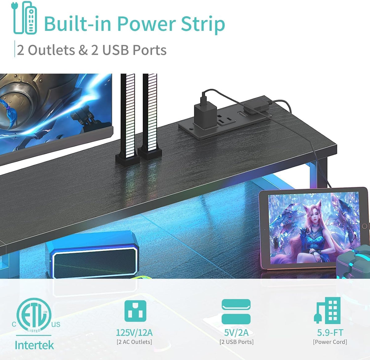 Lufeiya Gaming Desk with LED Lights and Storage Shelves, 47 inch Computer Desk with Power Outlets, Home Office Desk with Monitor Stand, Writing Table PC Desks, Black