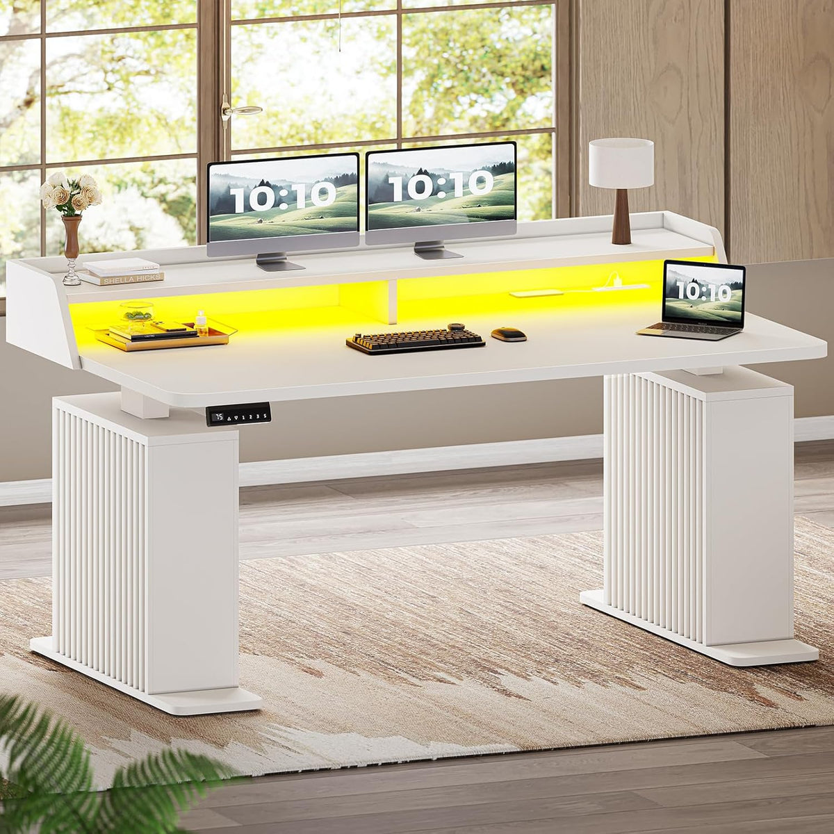 SEDETA Standing Desk with Storage, 55' Fluted Stand Up Desk with Power Outlets & LED Lights, Height Adjustable Table with Monitor Shelf for Home Office, Gaming, White