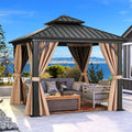 DWVO 10x10ft Hardtop Gazebo Double Roof Heavy Duty Galvanized Steel with Nettings and Curtains, for Patio, Backyard, Deck, Lawns, Brown