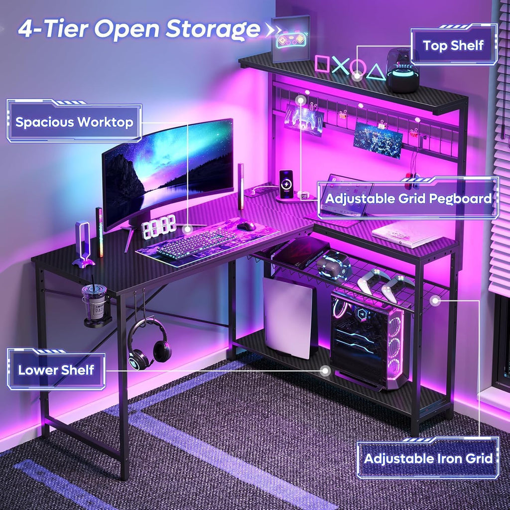 Bestier Gaming Desk 51' L-Shaped, with Power Outlets & LED Lights- 4 Tier Shelves, Reversible Gamer Table with Hooks & Cup Holder for Home Office Carbon Fiber Black