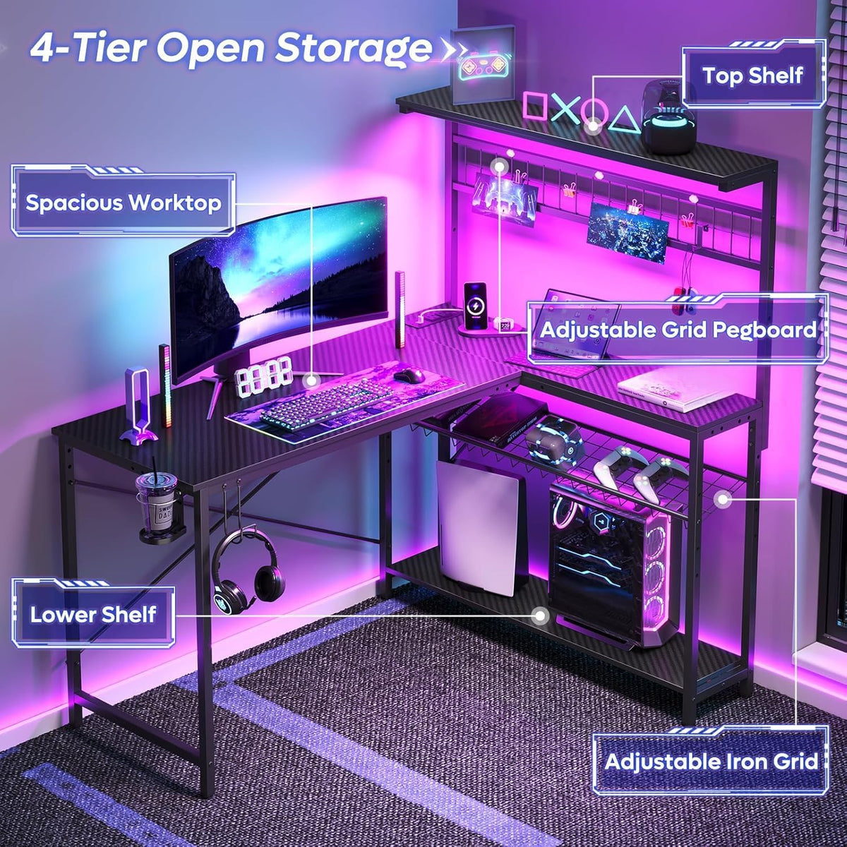 Bestier Gaming Desk 51' L-Shaped, with Power Outlets & LED Lights- 4 Tier Shelves, Reversible Gamer Table with Hooks & Cup Holder for Home Office Carbon Fiber Black