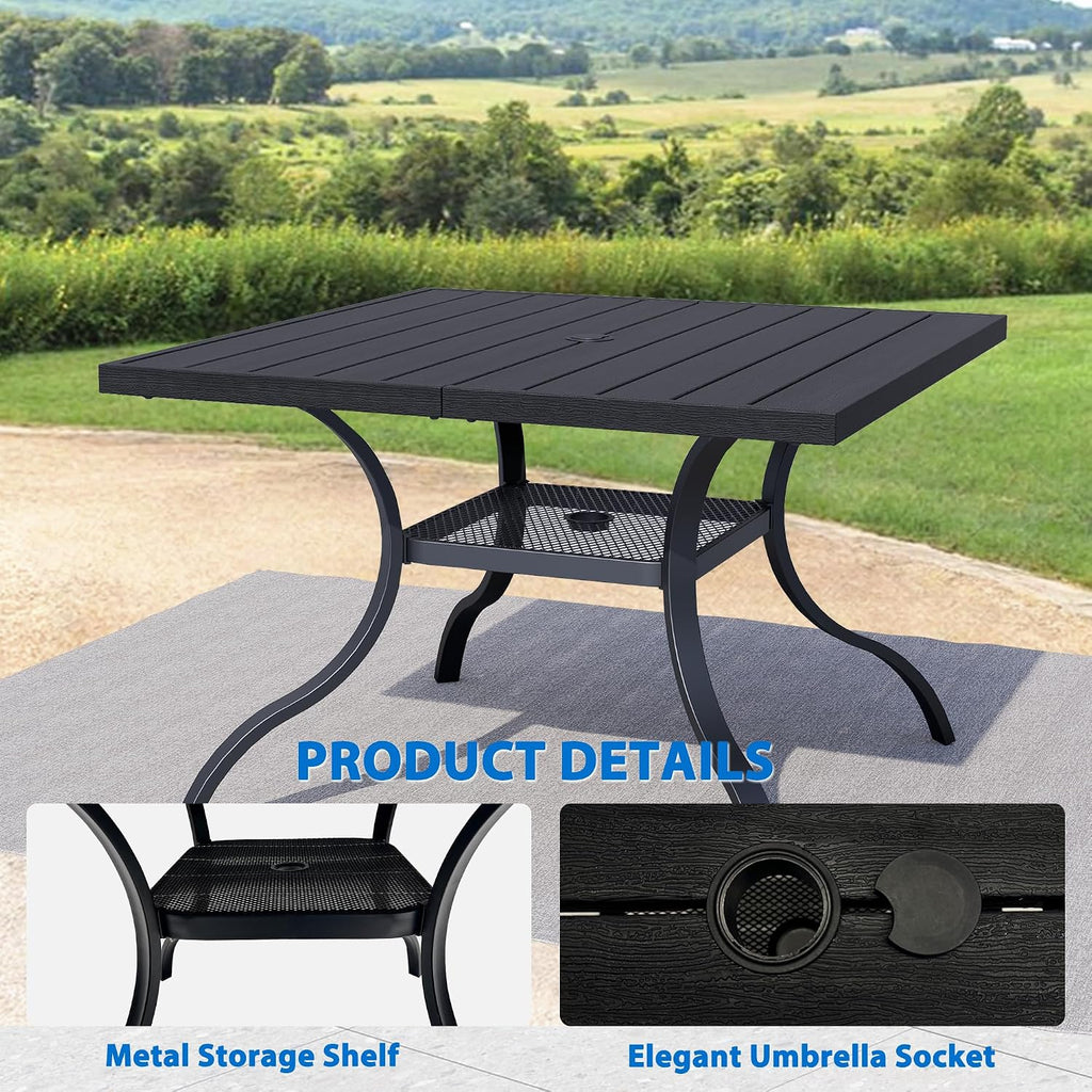 5 Pieces Outdoor Dining Set, Black Square Metal Table with Umbrella Hole & Stackable Chairs, Outside Furniture Set for Patio, Deck, Yard, Porch, Gray