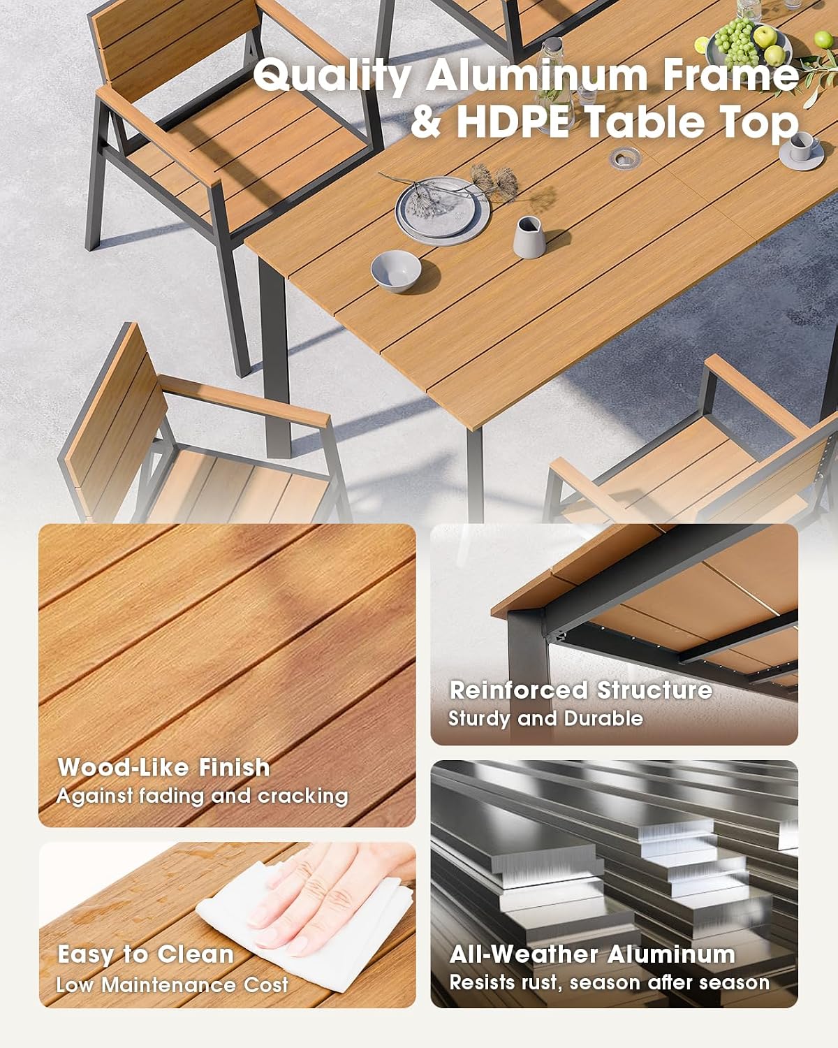 Outdoor Dining Table, Aluminum Patio HDPS Outdooor Table with Umbrella Hole, All Weather Patio Furniture Set, Patio Dining Table (Gray & Teak)