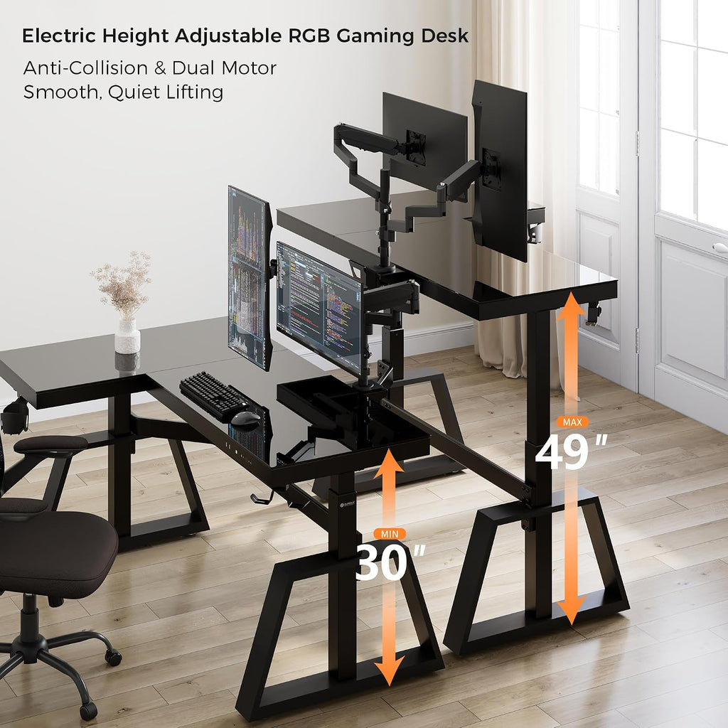 EUREKA ERGONOMIC Standing Desk,Gaming Table,Glass RGB Desks, Height Adjustable Computer 60 Inch L Shaped Corner Desk Music Studio Desk Workstation w Type-C Port,Cup Headset Holder,APP Control,Right