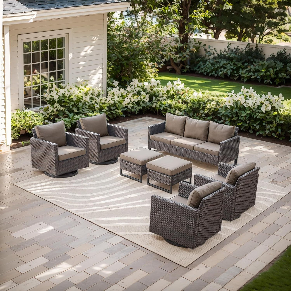 Rilyson Luxury Wicker Outdoor Patio Furniture Set - 7 Piece Patio Conversation Set with 4 Swivel Rocker Chairs,2 Rattan Ottoman and 1 Couch for Outside Porch Deck Backyard(Brown/Grey)