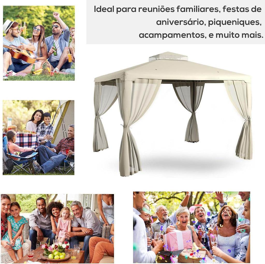 Outsunny 9.6' x 11.6' Patio Gazebo, Outdoor Canopy Shelter with 2-Tier Roof and Netting, Steel Frame for Garden, Lawn, Backyard, and Deck, Cream White